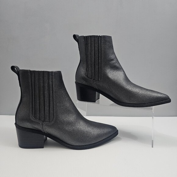 Clarks Morzine Top Chelsea Ankle Boot 9 Pewter Metallic Leather Block Heel NEW - Picture 3 of 13